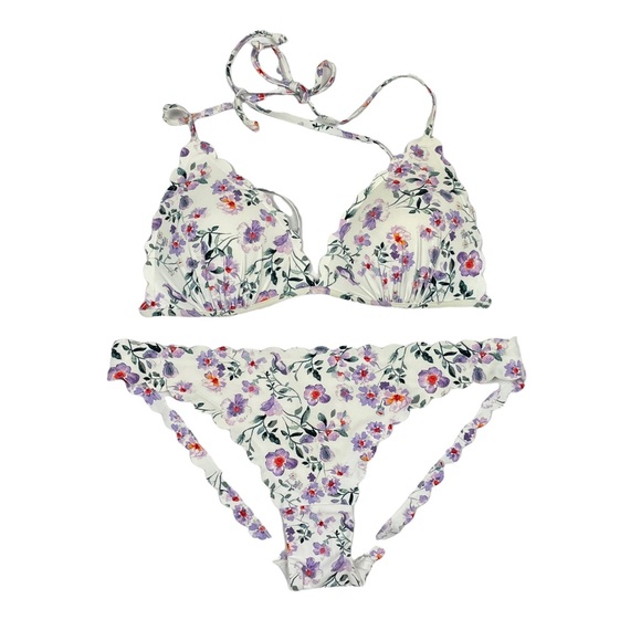 white and pink floral bikini with scallop trim h&m
